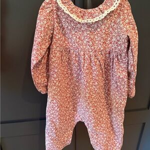Floral Pink corduroy  Romper with Lace Collar